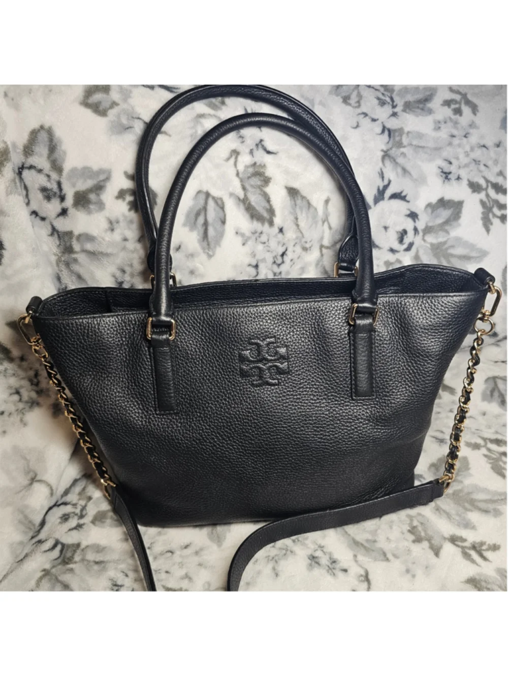 Tory Burch Black Pebbled Leather Britten Convertible Tote Bag